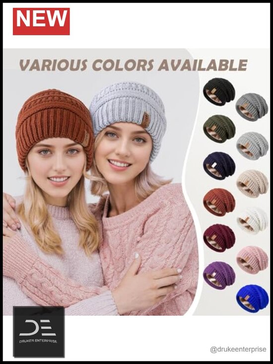 3 Pack Satin Lined Beanie, Warm Slouchy Winter Hats, Oversized Cable Knit Skull main image 5